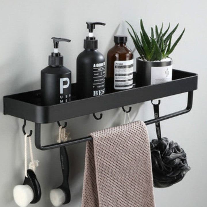 Estante de pared adhesivo con productos de baño, organizador de ducha sin taladrar para un baño ordenado.