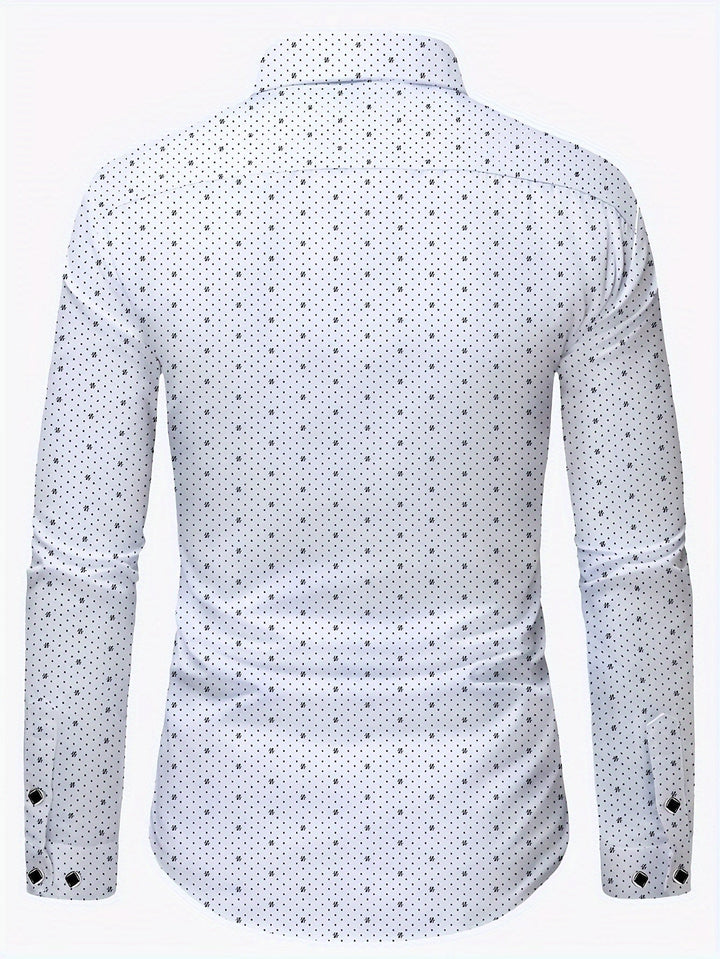 Camisa de hombre entallada con microdiseño, manga larga, estilo moderno para outfit formal o casual.