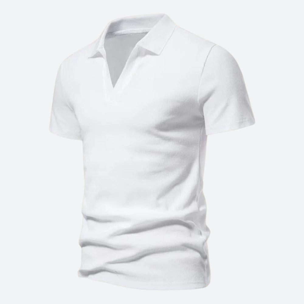 Polo de hombre casual con cuello V, manga corta. Camisa versátil para moda masculina de verano, cómoda y elegante.