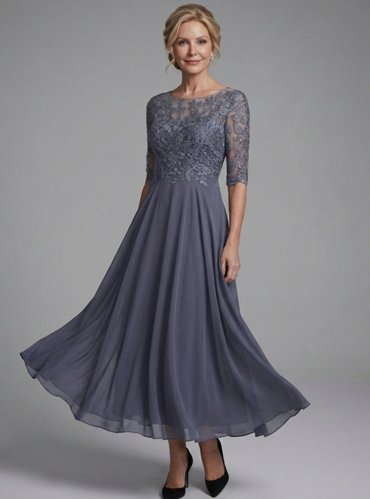 Vestido midi de encaje para mujer con mangas transparentes, ideal para fiesta o boda. Elegante y formal.