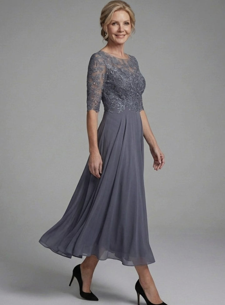 Vestido midi de chifón para mujer, corpiño de encaje y mangas transparentes. Perfecto para ocasiones especiales.