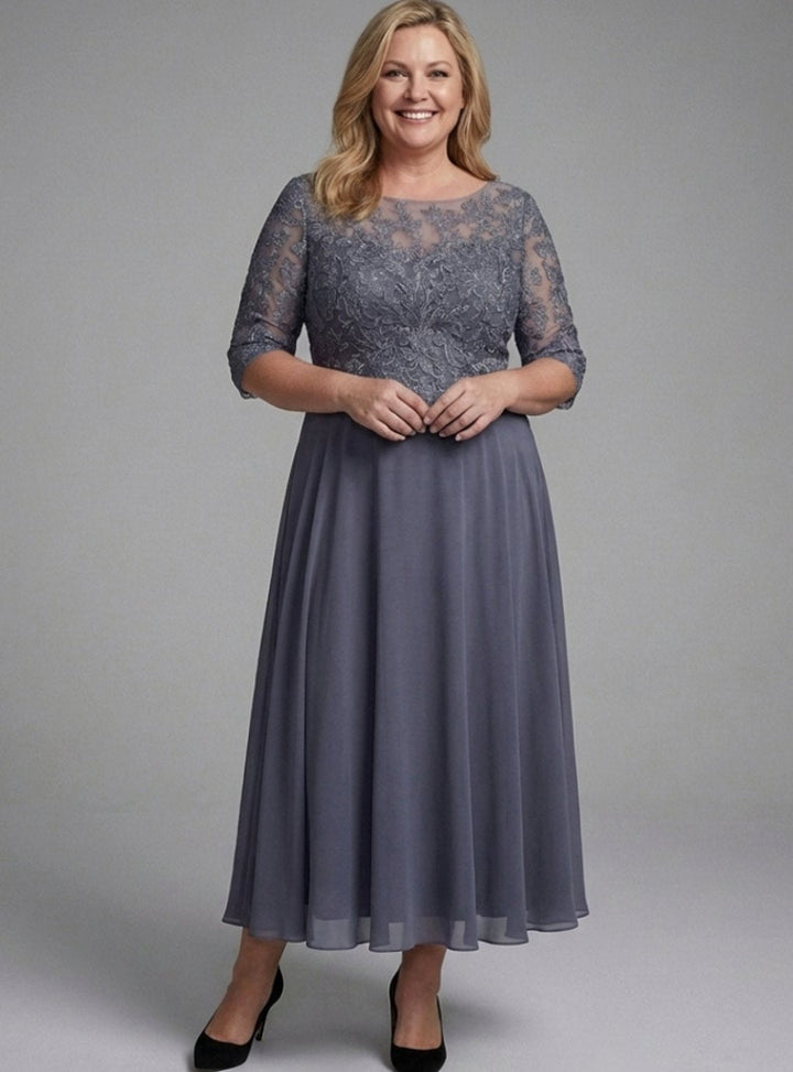 Vestido midi formal de encaje para mujer, con mangas transparentes. Ideal para bodas y eventos elegantes.