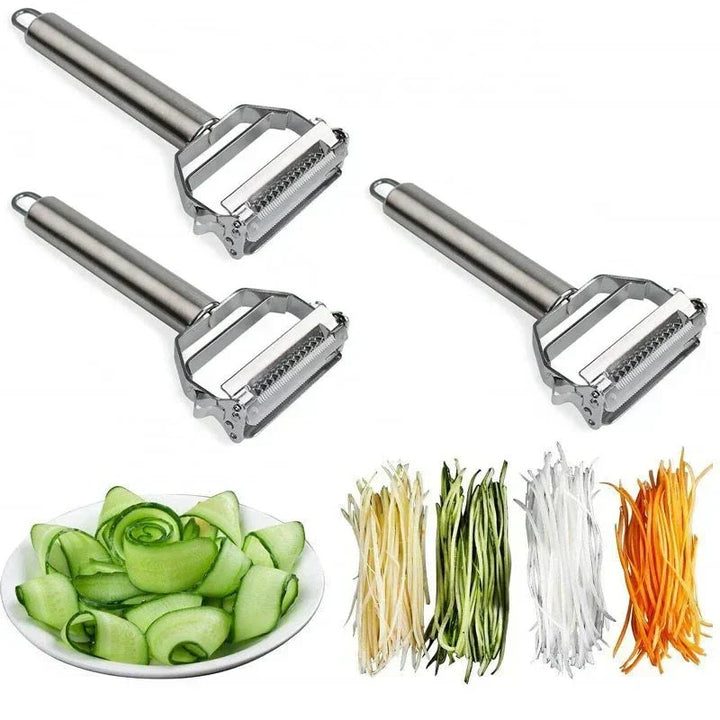 Versátil pelador de verduras y rallador de acero inoxidable. Ideal para patatas, zanahorias y más en tu cocina.