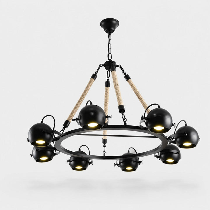 Iluminación industrial de cuerda, candelabro ajustable. Metal negro, diseño rústico para hogar y negocios.