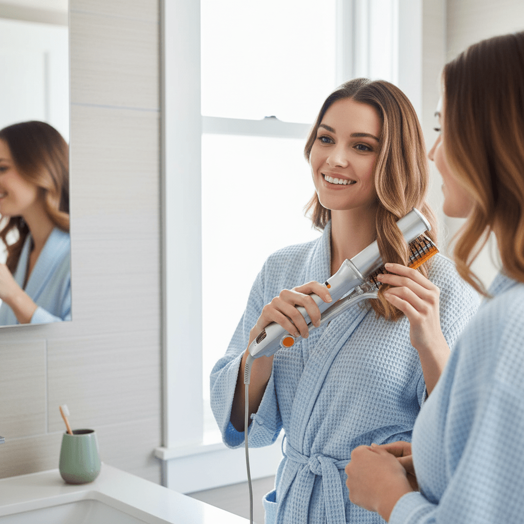 Cepillo de pelo giratorio con calor y cerámica, ideal para alisar y estilizar el cabello de la mujer.