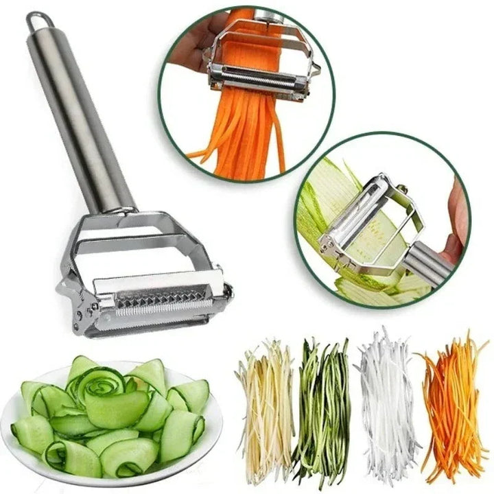 Pelador y rallador de verduras multifuncional de acero inoxidable para cocina. Utensilio duradero.