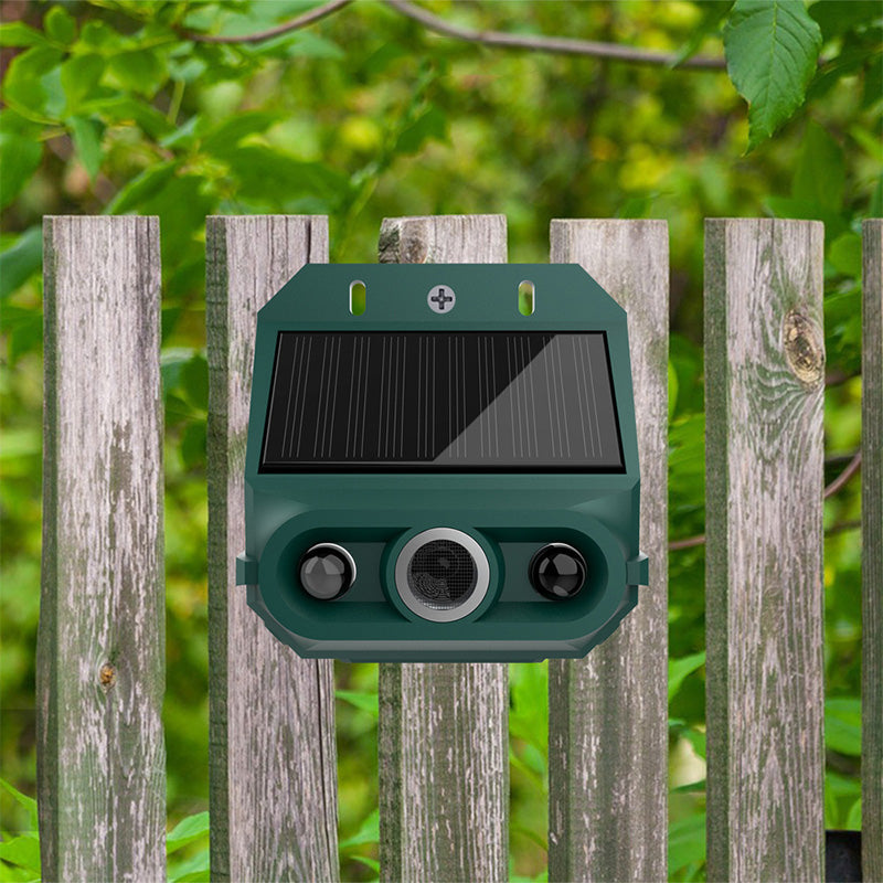 Dispositivo repelente solar para jardín. Tecnología ultrasónica silenciosa anti-plagas y disuasoria de animales.