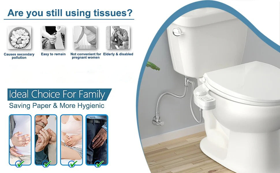 Bidet para inodoro que ofrece limpieza fresca. Mejora la higiene personal y el bienestar en el baño. Universal.