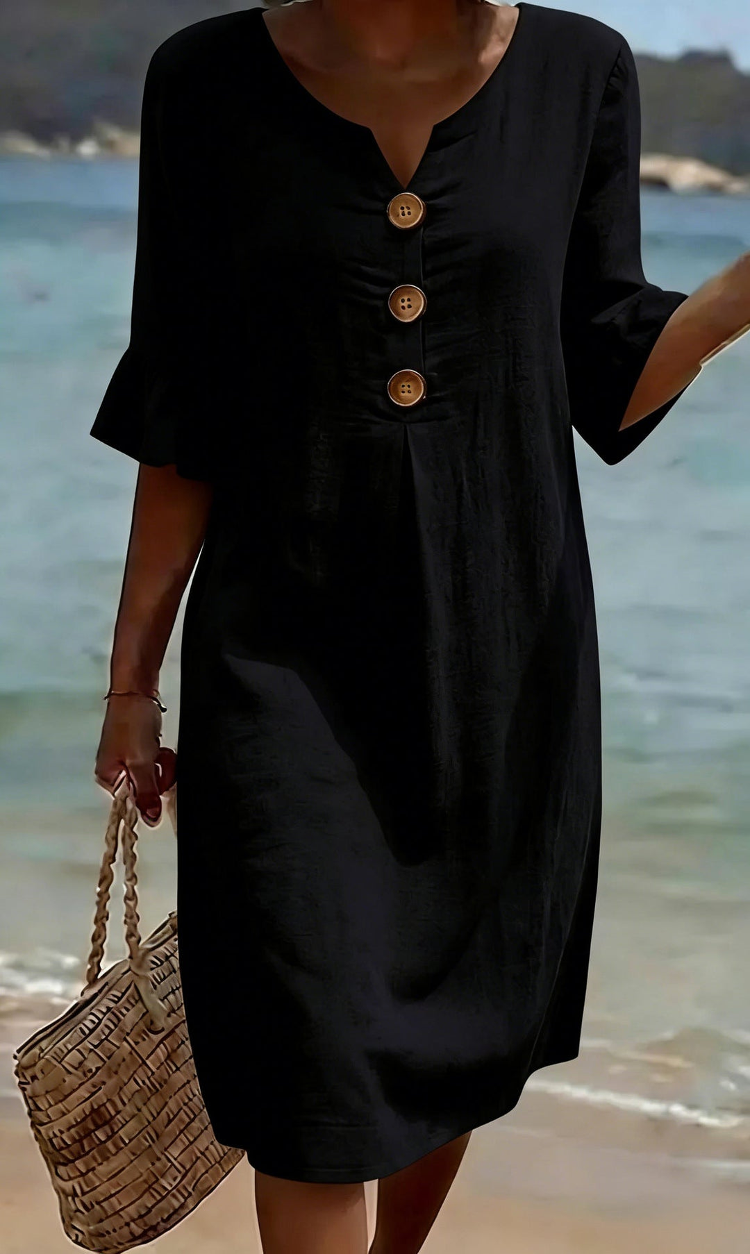 Vestido de mujer cómodo y fresco, de algodón y lino, con mangas abullonadas. Estilo holgado para verano.