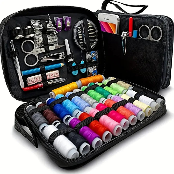 Kit de costura 98 piezas con hilos, agujas y accesorios para reparaciones rápidas en hogar y viajes.