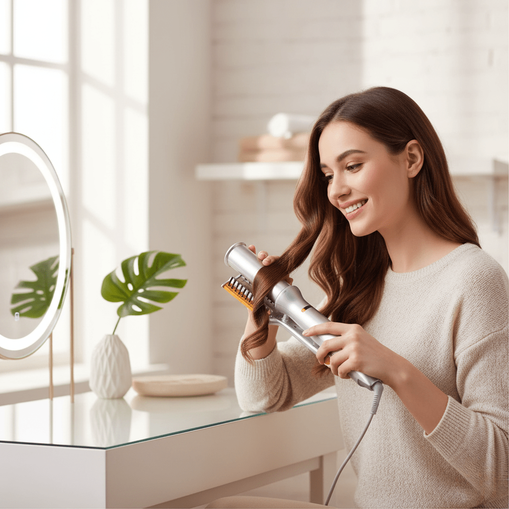 Consigue pelo liso y con volumen con este cepillo giratorio de aire caliente para estilizar el cabello de mujer.