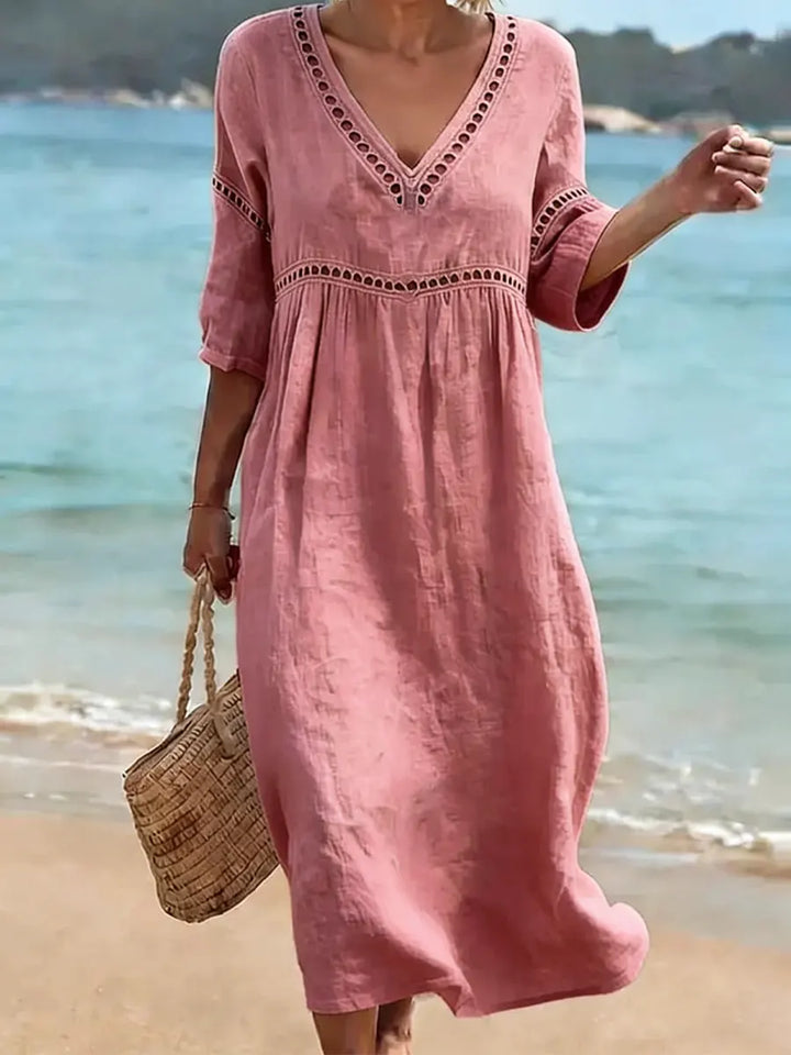 Vestido de algodón para mujer, cuello V, estilo fluido y cómodo para la moda veraniega y fresca.