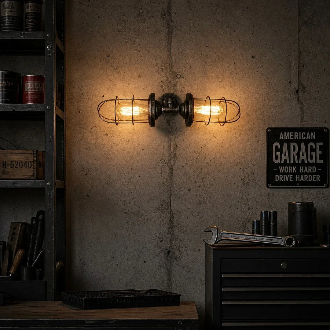 Lámpara de pared industrial vintage con jaula. Aplique retro de metal para decoración del hogar.