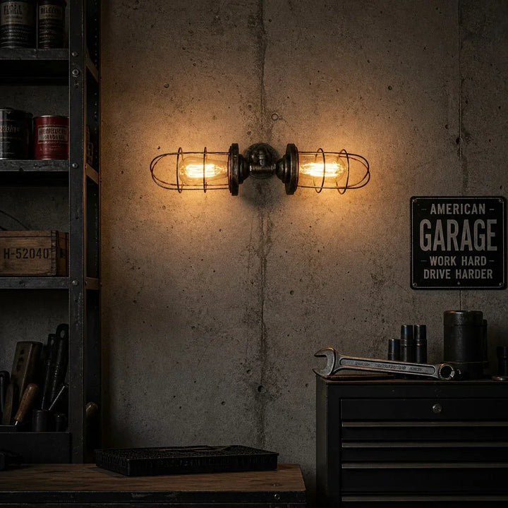 Lámpara de pared industrial vintage con jaula. Aplique retro de metal para decoración del hogar.