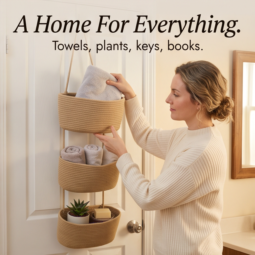 Organizador de puerta de algodón con 3 cestas. Solución de almacenamiento para baño, cocina y hogar.