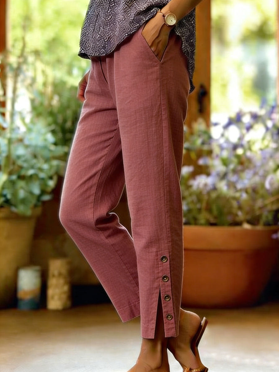 Pantalones casuales de mujer de algodón y lino, corte suelto que brinda comodidad. Estilo relajado con botones.