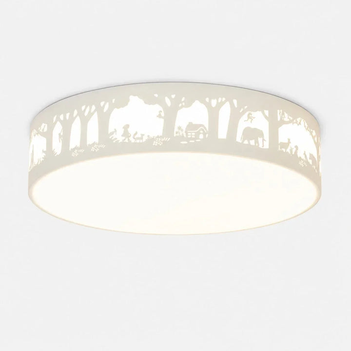 Lámpara de techo LED infantil con siluetas, diseño atractivo en colores verde y blanco.