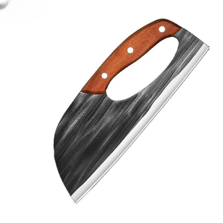 Cuchillo de cocina profesional con hoja de acero forjado y mango de madera para un agarre cómodo y seguro al picar.