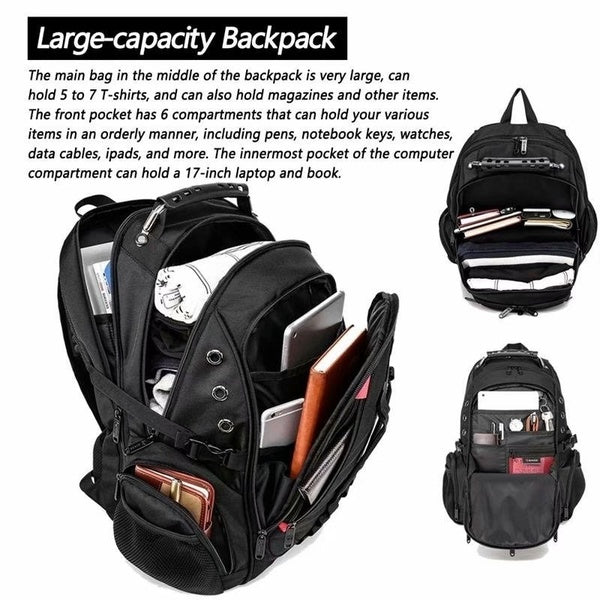 Mochila impermeable unisex con compartimento acolchado para portátil y carga USB para viajes y seguridad.