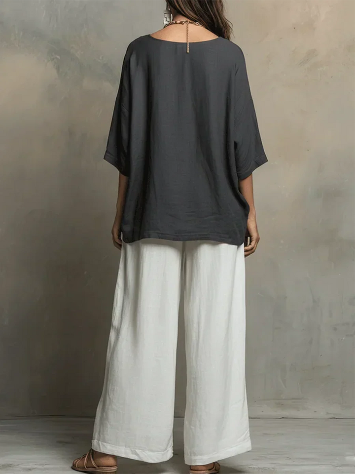 Conjunto de pantalón y blusa suelta para mujer, estilo elegante y fresco. Ideal para outfit de verano.
