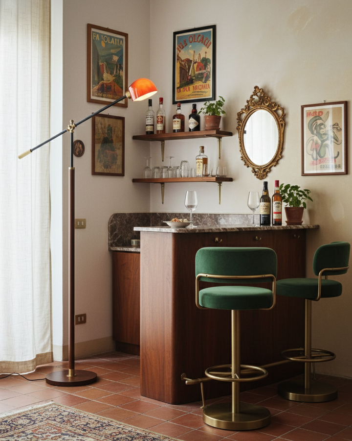 Lámpara de pie con brazo oscilante, estructura de madera y metal para iluminación del hogar.