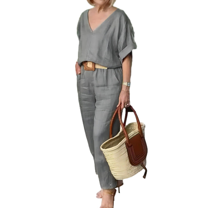 Conjunto de ropa para mujer: blusa cuello V y pantalón recto con bolsillos, ideal para un estilo fresco y casual.