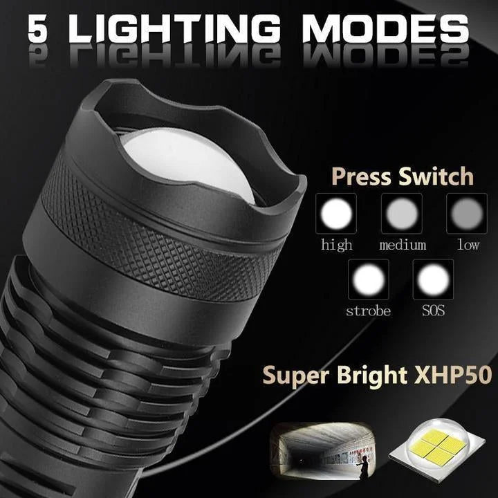 Linterna LED XHP50.2 de alta potencia, recargable y superbrillante, ideal para seguridad y exploración.