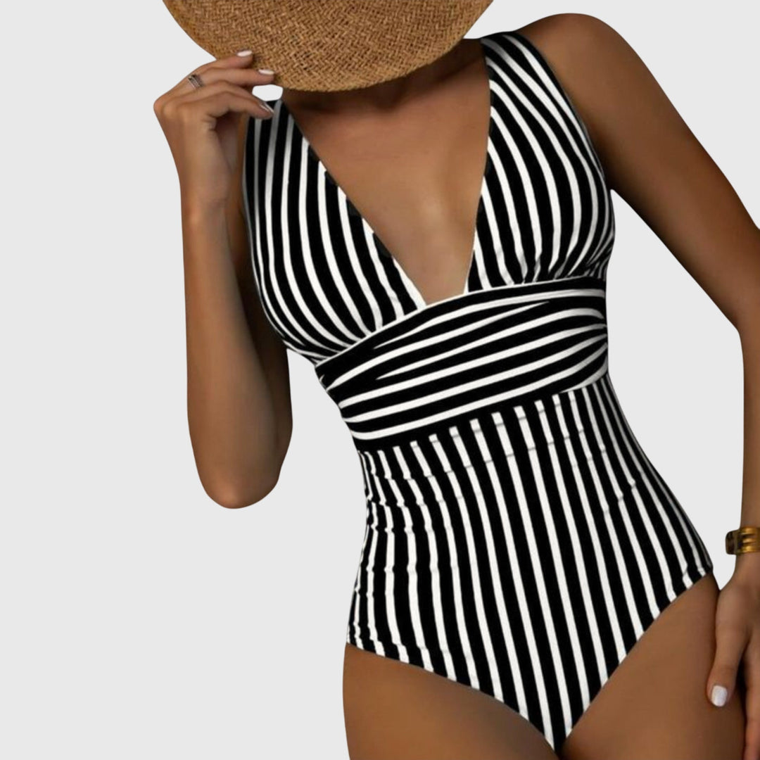 Traje de baño de mujer cómodo y con estilo, diseño de rayas moldeadoras y atractivo escote V.