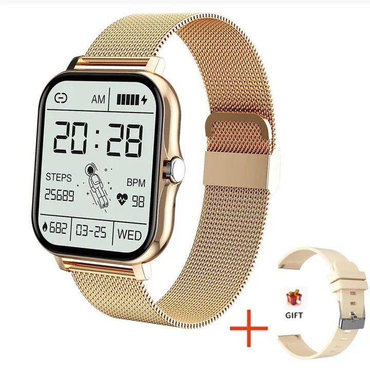 Reloj inteligente para mujer cargándose, listo para el monitoreo de bienestar y actividad diaria.