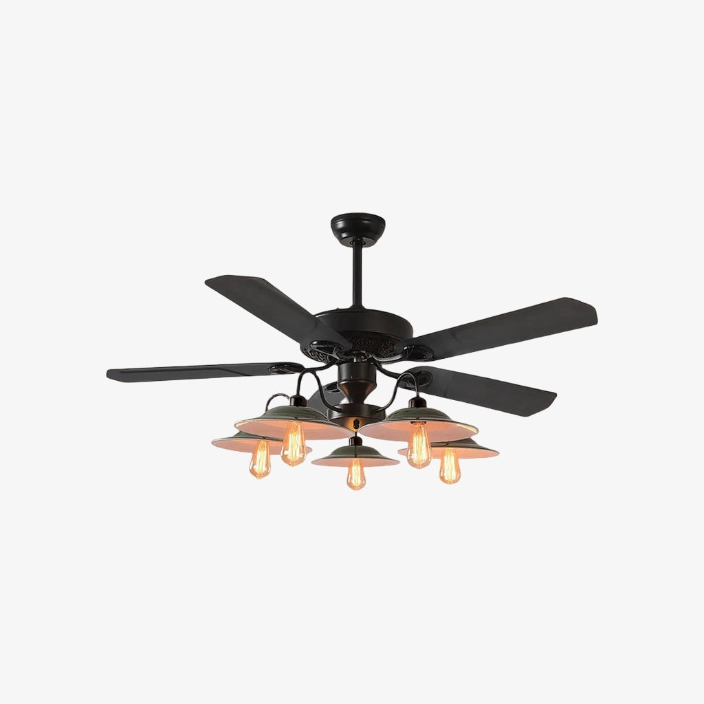 Ventilador moderno de techo industrial con control remoto, luz y palas de madera oscura. Funcional y estético.