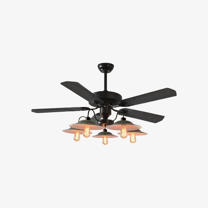 Ventilador moderno de techo industrial con control remoto, luz y palas de madera oscura. Funcional y estético.