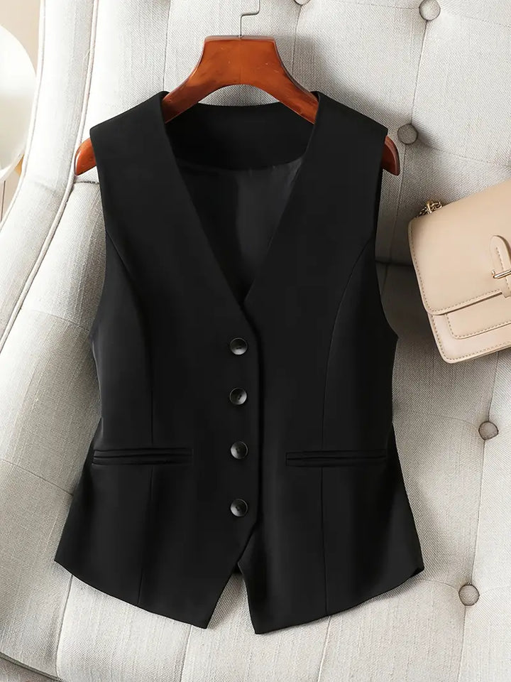 Chaleco de mujer entallado con escote V profundo. Diseño sin mangas que realza silueta elegante.