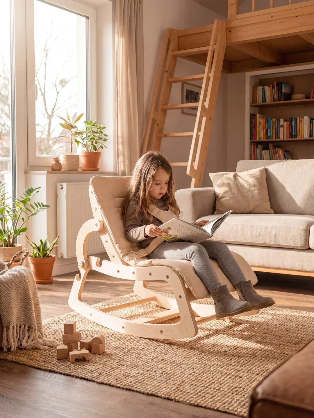Cómoda trona mecedora evolutiva de madera escandinava para bebé. Silla infantil duradera.