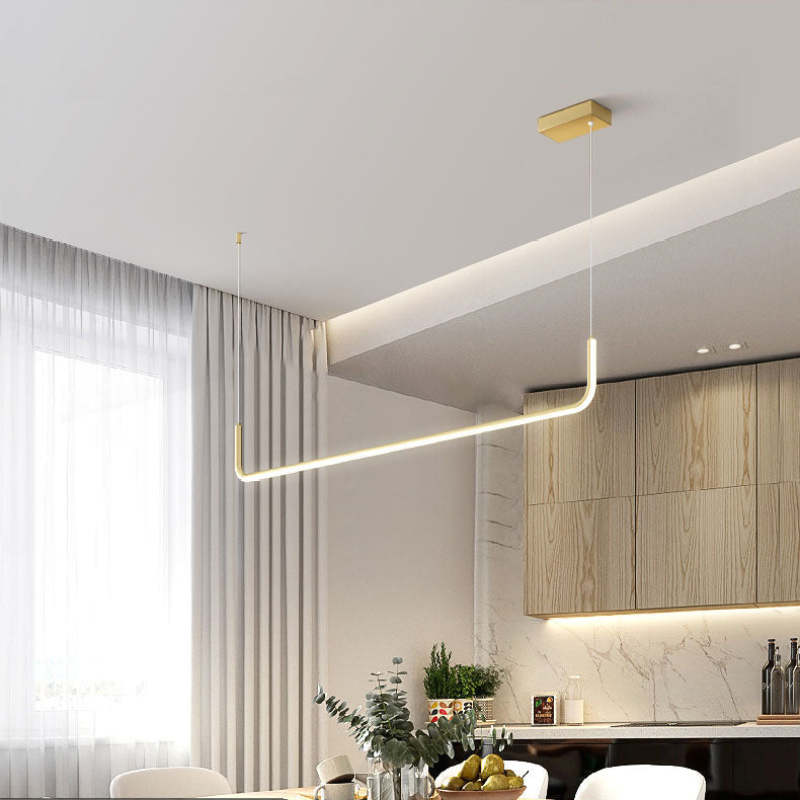 Lámpara colgante LED regulable, diseño moderno en dorado y negro. Perfecta para salón, cocina o comedor.