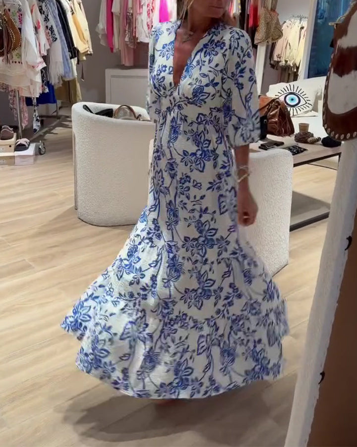 Vestido maxi floral casual para mujer, cómodo y fluido. Estilo bohemio con mangas cortas, perfecto para el día a día.