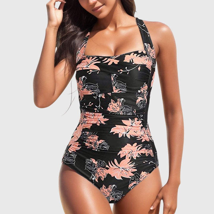 Captura el sol con este bañador tropical de una pieza para mujer, fruncido y halter, perfecto para playa.