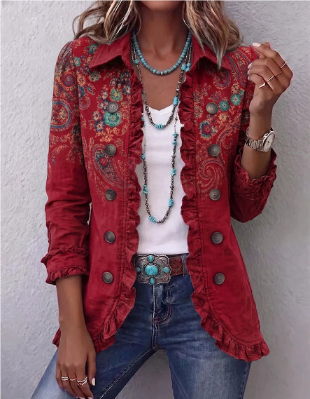 Blazer de mujer, vista frontal. Con volantes plisados, estilo retro. Ideal para moda oficina y ropa femenina.