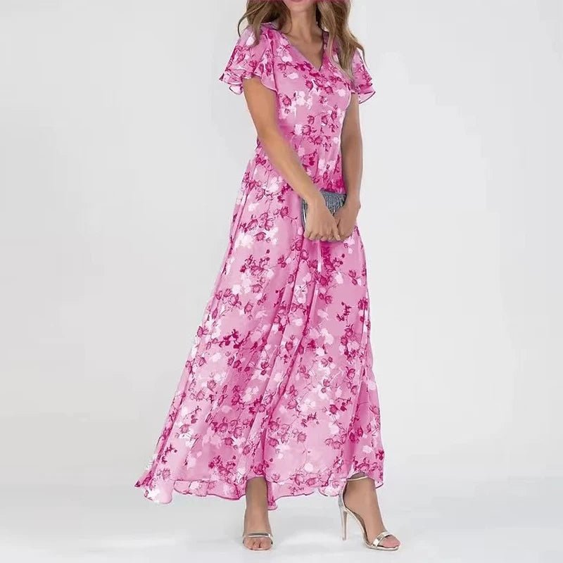 Vestido largo fluido favorecedor para mujer, estampado floral, perfecto para fiesta o casual, estilo versátil.