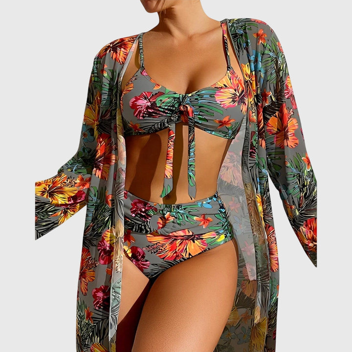Kimono tropical floral para playa, parte de conjunto de bikini de mujer 3 piezas de moda para verano.