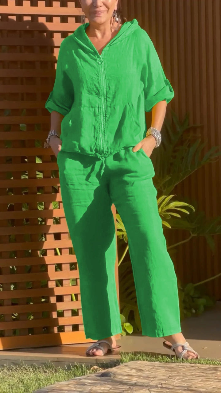 Conjunto de verano mujer dos piezas, estilo casual con capucha, cremallera y pantalón, ropa cómoda.