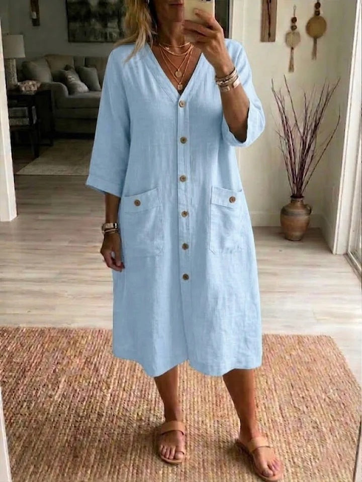 Vestido midi de mujer en algodón y lino, estilo casual elegante. Ideal para primavera y verano, diseño holgado.