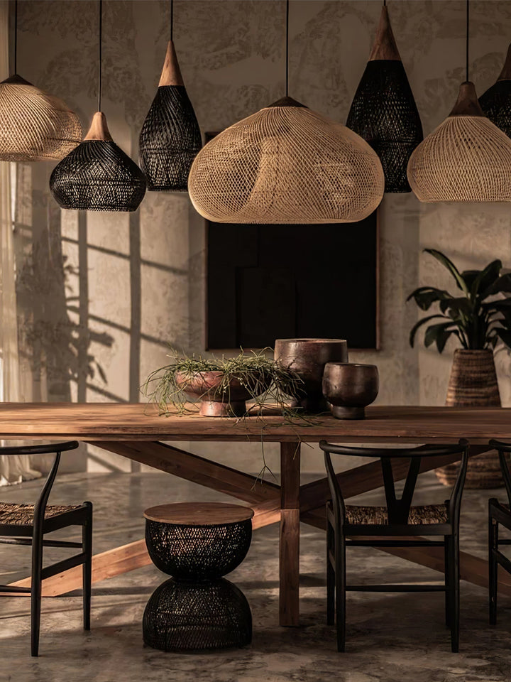 Lámpara de techo natural para comedor, estilo arpa, proporciona iluminación suave.