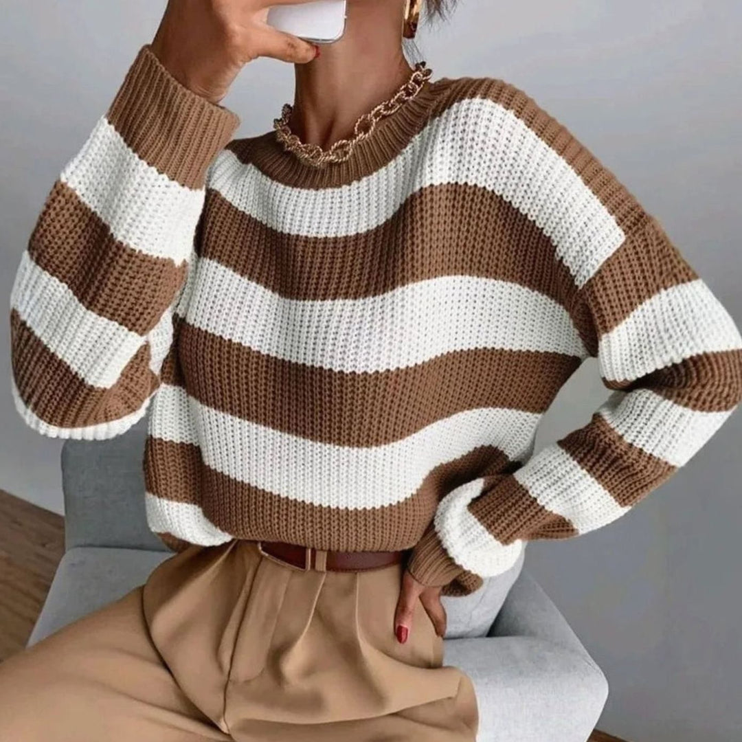 Jersey de punto a rayas para mujer con cuello redondo. Ideal para ropa de otoño e invierno.