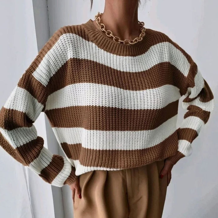 Ropa de otoño/invierno: jersey de punto grueso a rayas. Cómodo y holgado para mujer con cuello redondo.