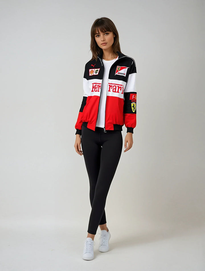 Chaqueta retro de carreras unisex para otoño, combinando moda vintage y comodidad diaria.