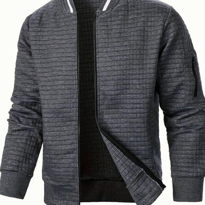 Chaqueta de hombre, estilo bomber, textura de cuadros, cremallera, moda casual.