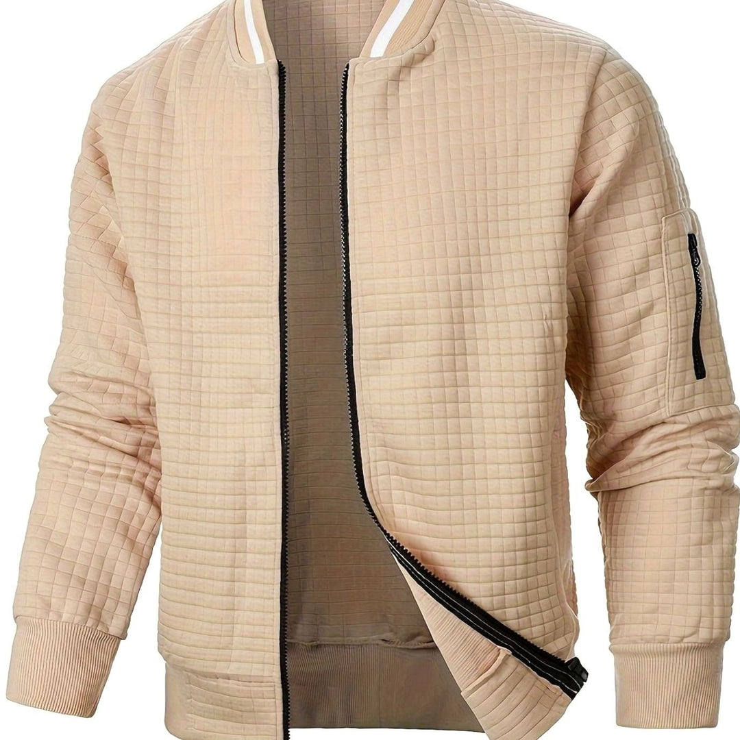 Chaqueta bomber masculina texturizada de cuadros, estilo urbano con cremallera.