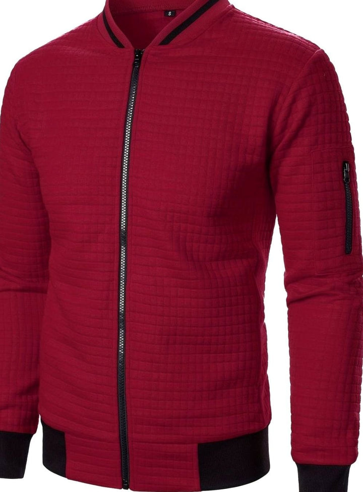 Bomber de hombre, textura de cuadros, chaqueta de entretiempo, estilo versátil.
