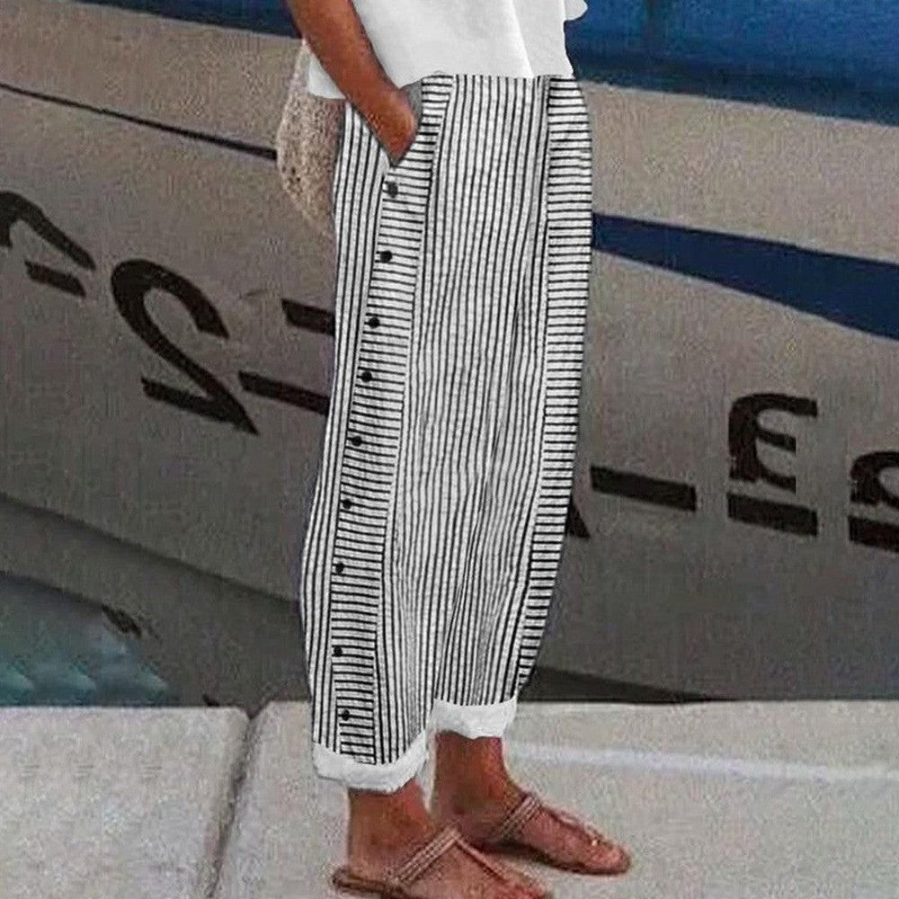Pantalones de mujer de algodón a rayas. Cintura elástica para máxima comodidad. Perfectos para un look casual de primavera/verano.