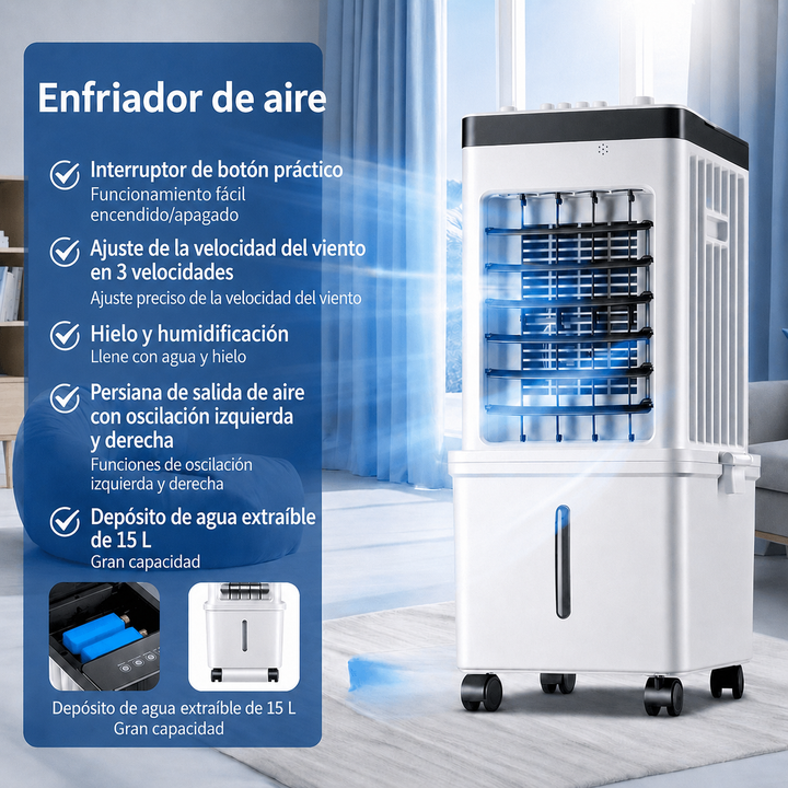 Enfriador de aire para oficina, multifunción 3 en 1: enfría, ventila y humidifica el aire.